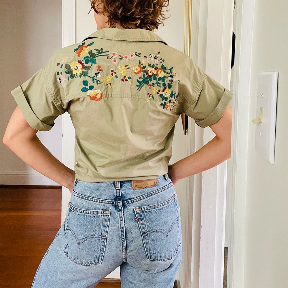 Madewell Floral Embroidered Tie-Front Safari Shirt